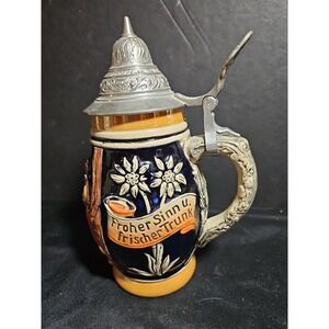 German 7"‎ Pewter Lidded Beer Stein Frohes Herz Vintage